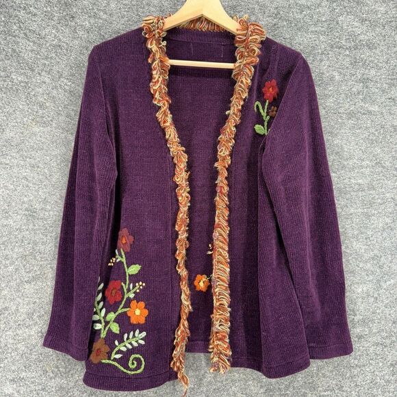 Unbranded Sweaters - Unbranded Cardigan Women M Medium Purple Floral Open Front Embroidered Knit